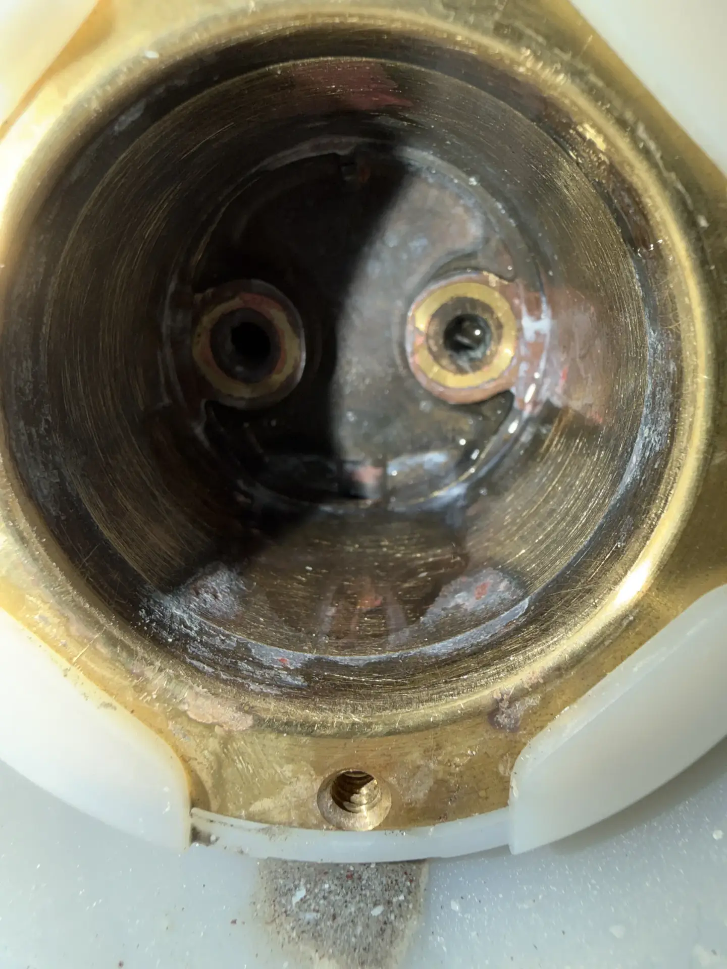 Close-up of a shower mixing valve cartridge